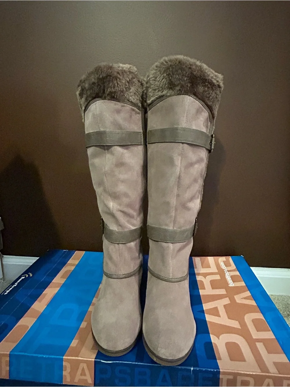 NIB BareTraps Aletta Faux Suede Faux Fur Lined Wedge Tall Boots Women's Size 8.5